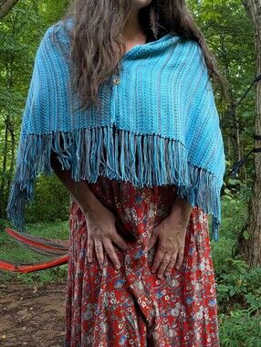 Handmade Shawl Organic Cotton Raw Silk Aqua Renaissance Boho Hippie Fringe Woven